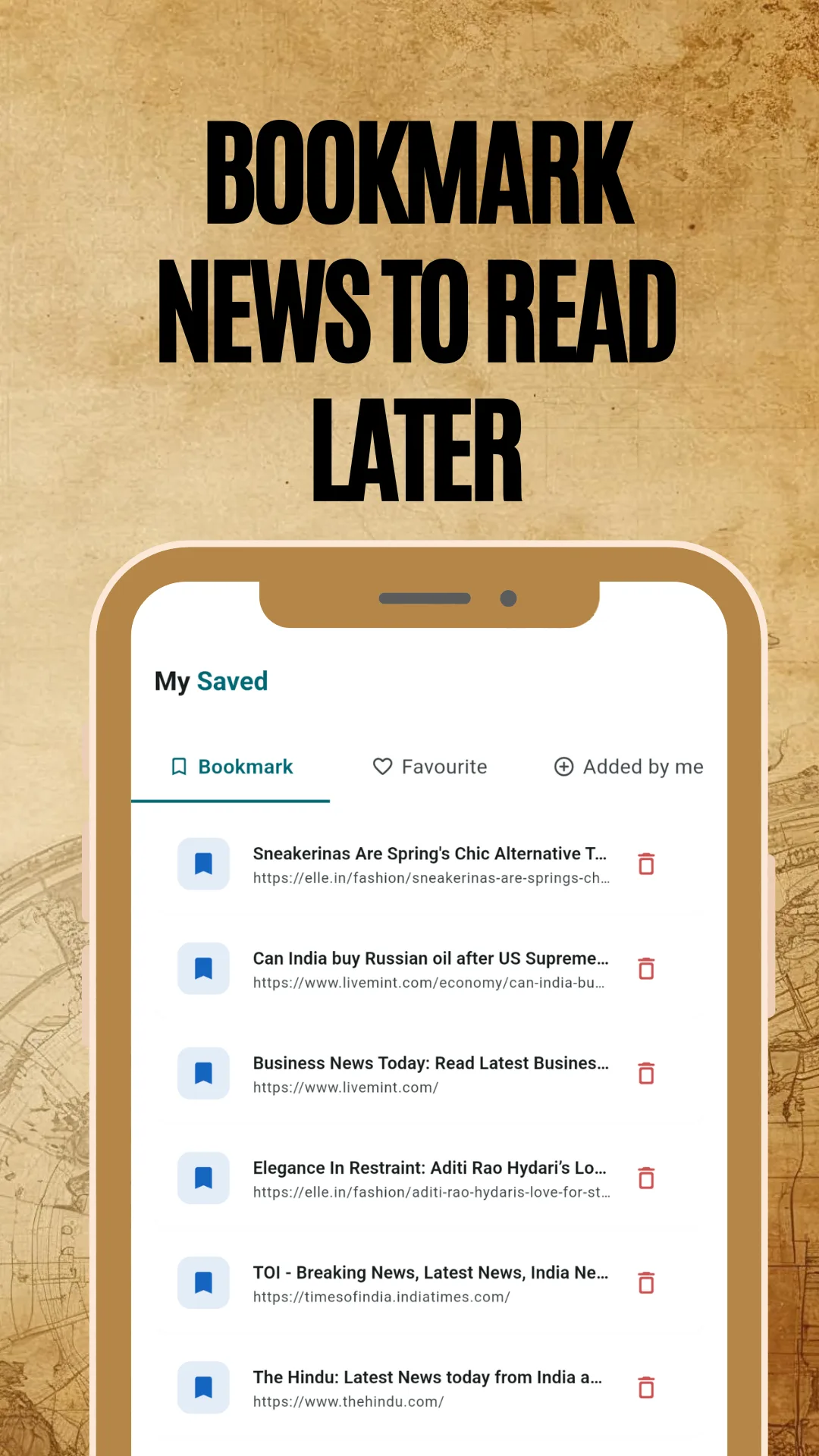 Saved articles list on the My News dashboard of the World Newspapers app, captioned Bookmark news to read later
