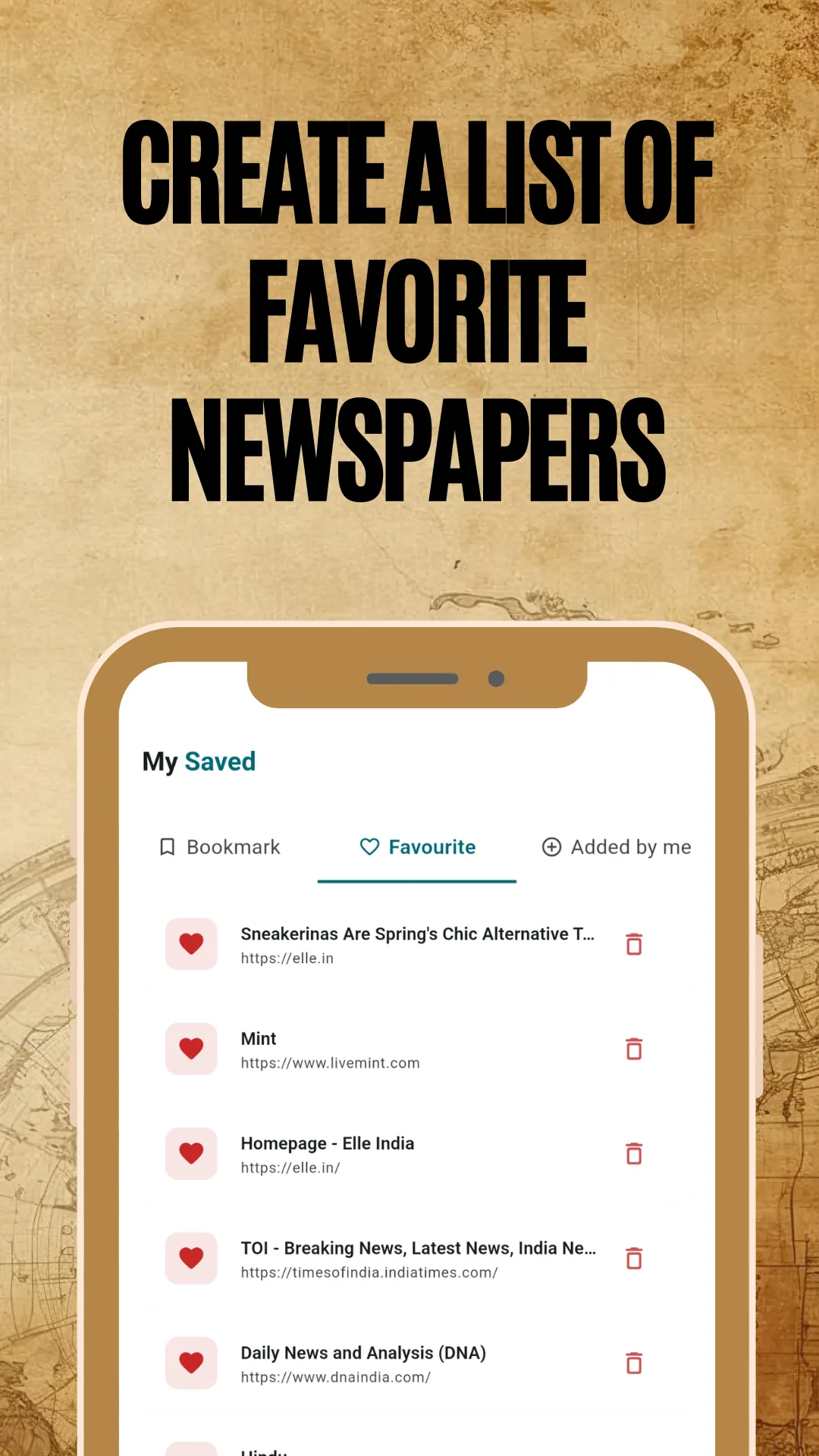 List of favorite newspapers saved for quick access in the World Newspapers app, captioned Create a list of favorite newspapers