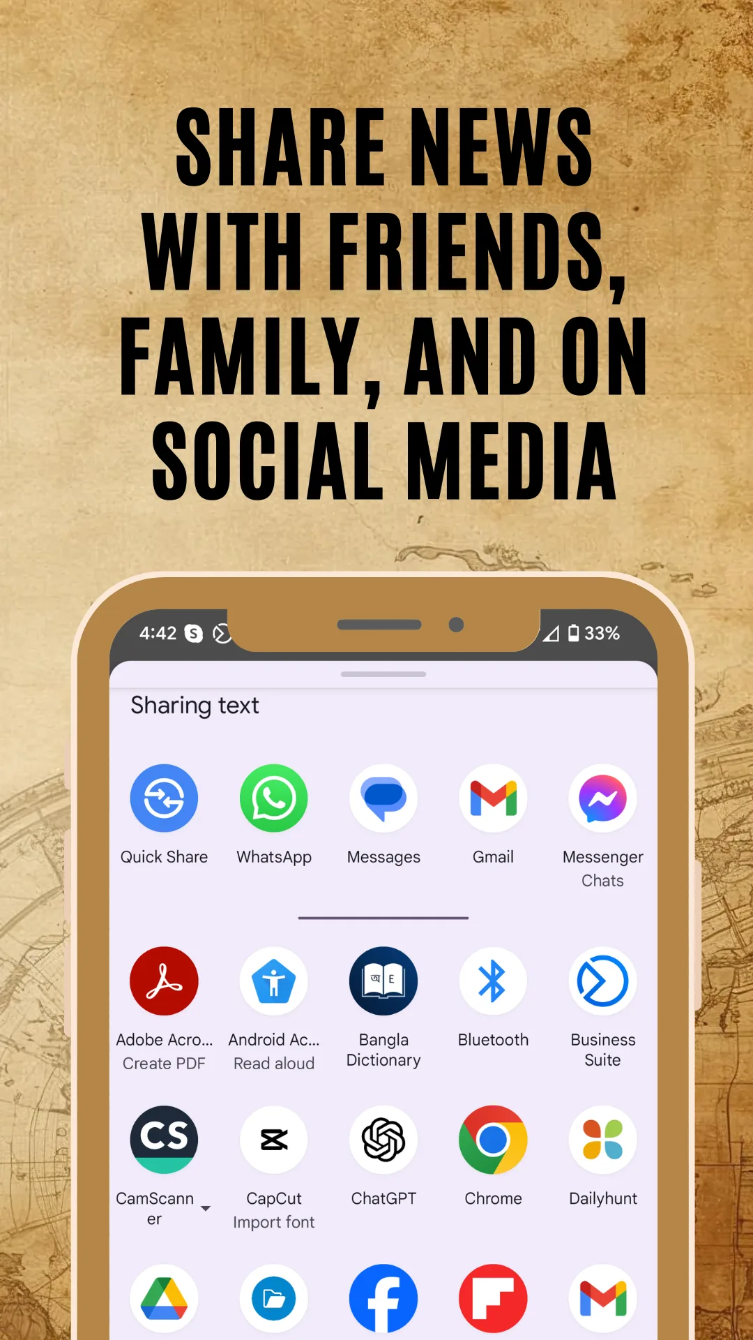 Android share sheet open over an article showing messaging and social app targets, captioned Share news with friends, family and on social media