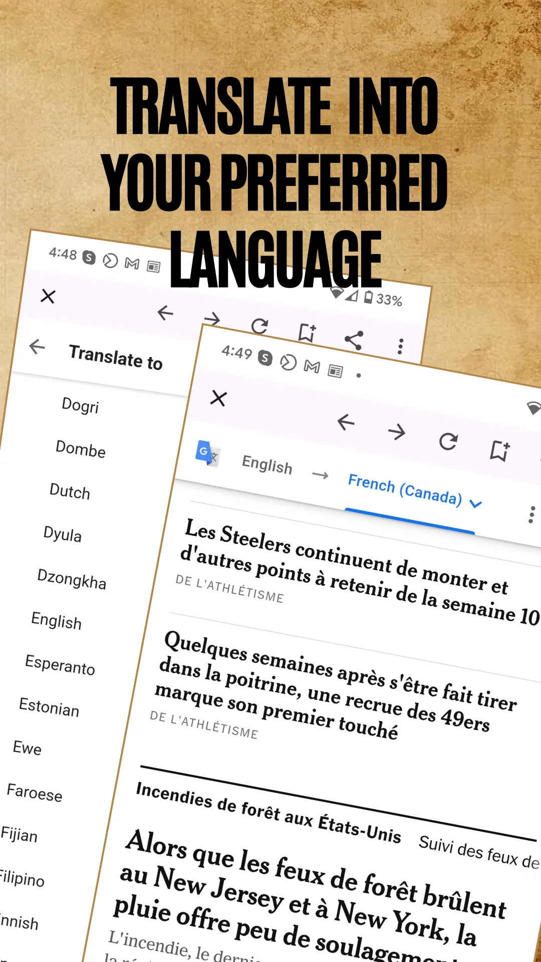 Translation panel listing target languages beside a French-language news page in the World Newspapers app, captioned Translate into your preferred language