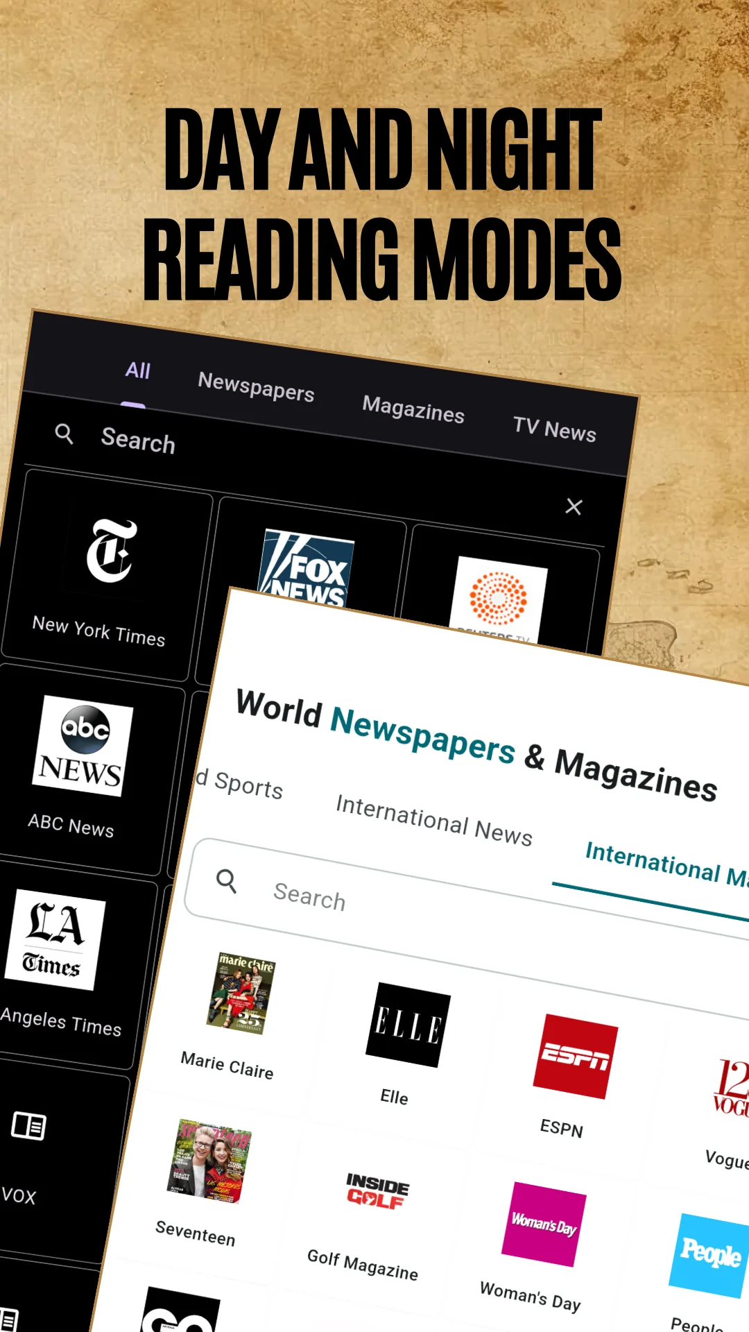 The same news screen shown side by side in light theme and dark theme, captioned Day and night reading modes