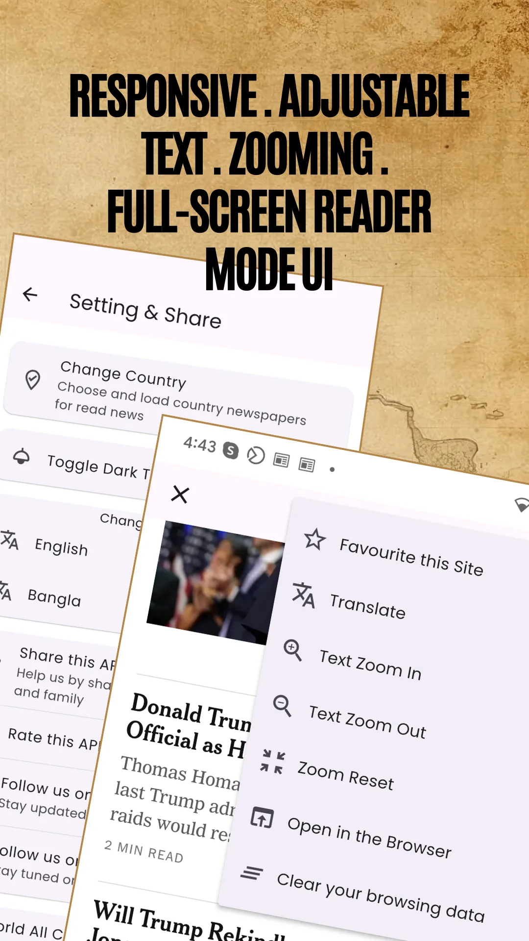 Reader settings panel with font size, zoom and full-screen controls, captioned Responsive, adjustable text, zooming and full-screen reader mode